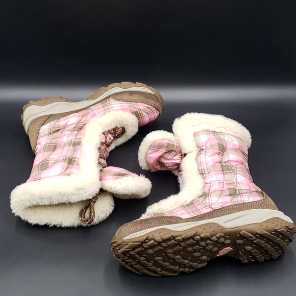 The North Face Nuptse Goose Down and Fur Winter Boots-Pink Plaid Girls Size 5 - Picture 4 of 12